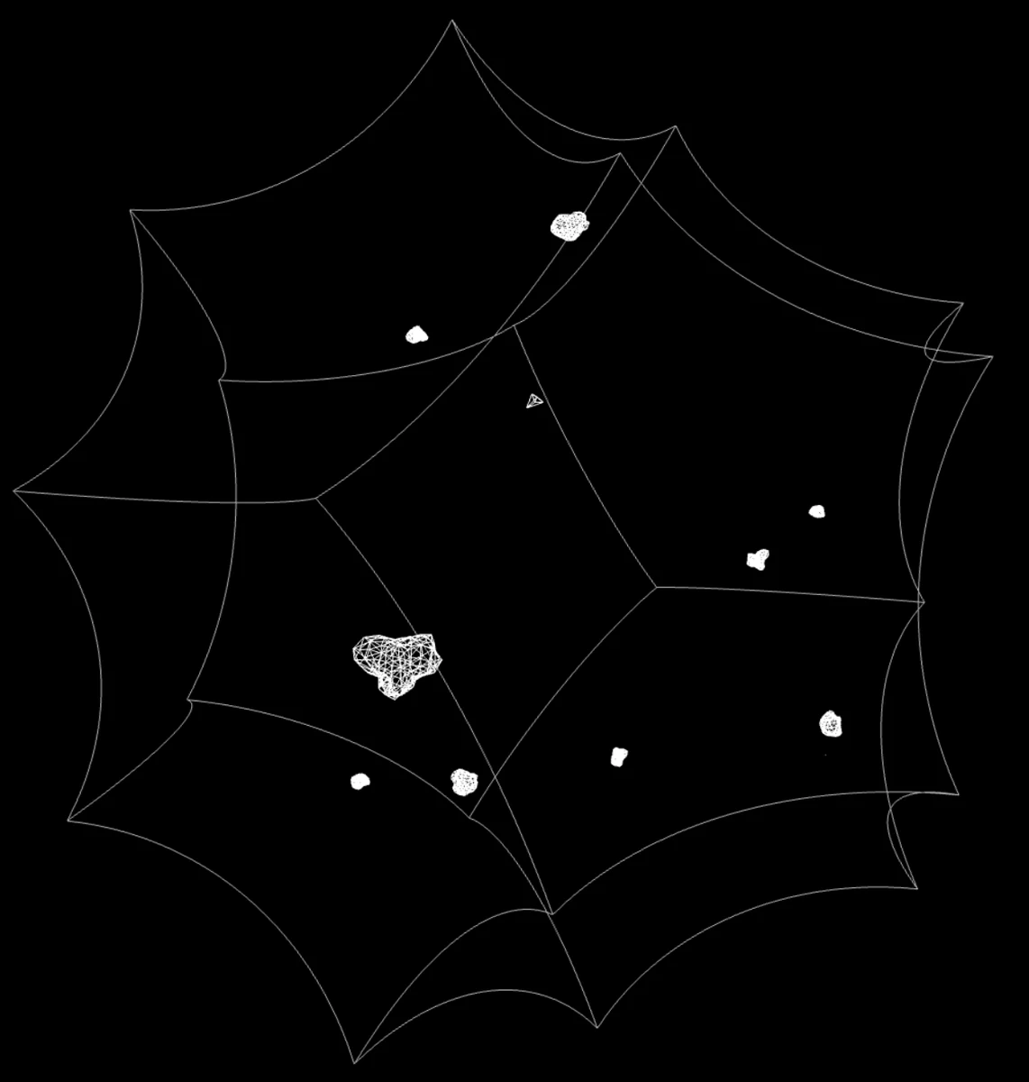 3D Topology Asteroids showing asteroids inside a curved hyperbolic domain