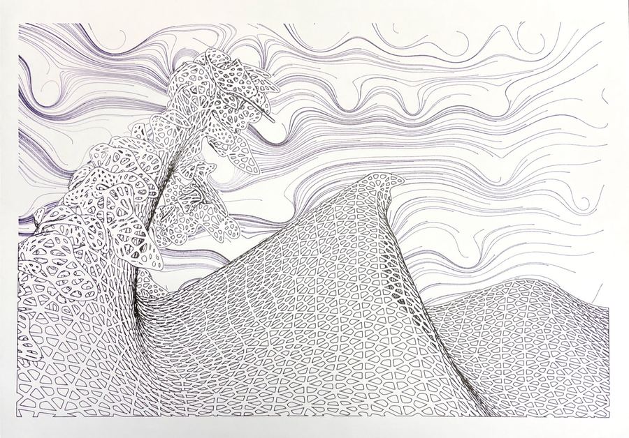 Wave drawing with flowing geometric linework